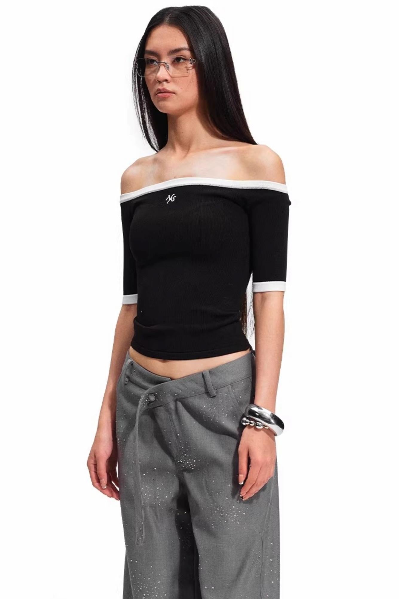 Off-Shoulder Contrast Knit Top