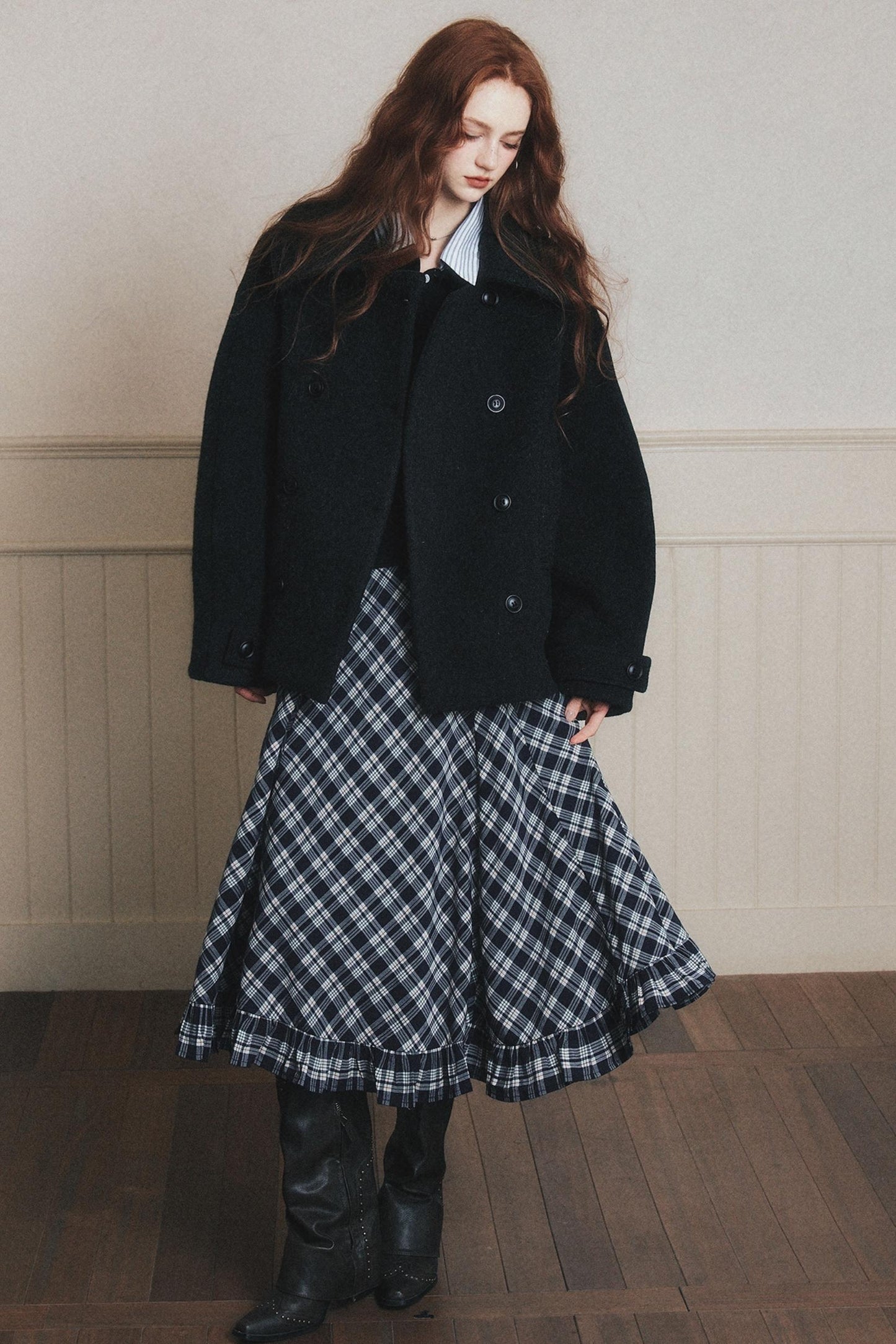 Navy Blue Check A-Line Swing Skirt