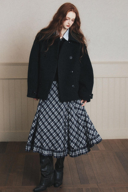 Navy Blue Check A-Line Swing Skirt