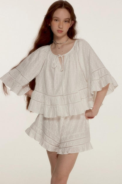 Noisy Flowers Embroidered Shirt Shorts Set-Up