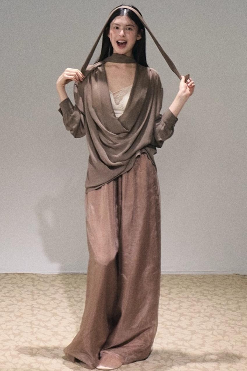 Apricot Satin Double-Layer Pants