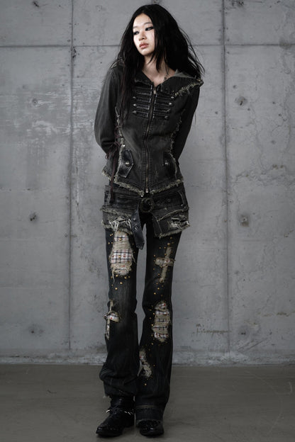 Distressed Denim Slim Fit Hooded Coat