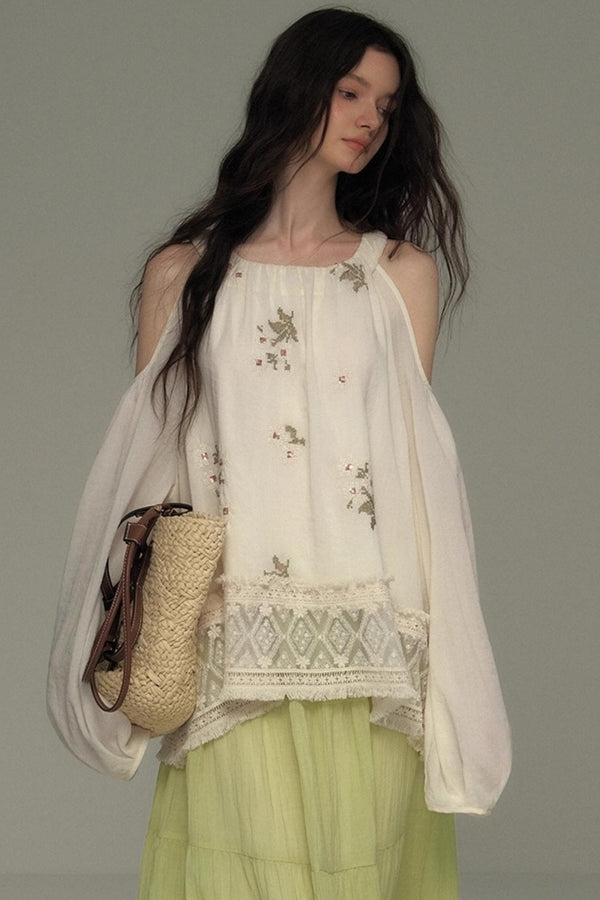 Neoclassical Embroidery Off-the-Shoulder Top