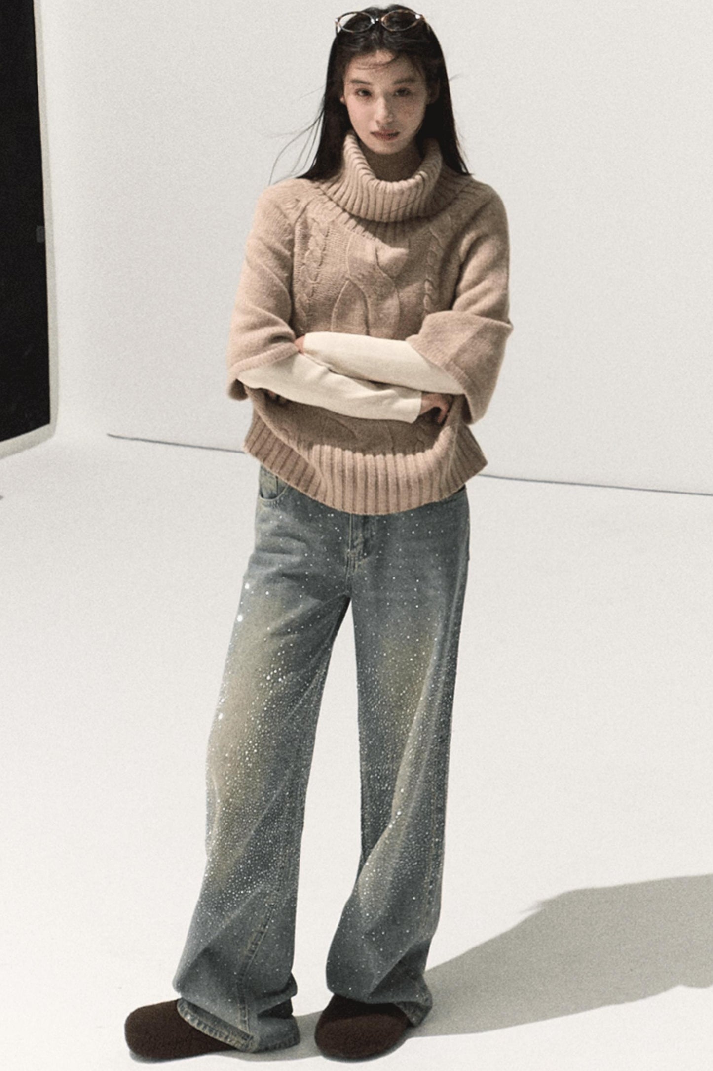 Moon Wool Twist Knit Cape Sweater Set-Up