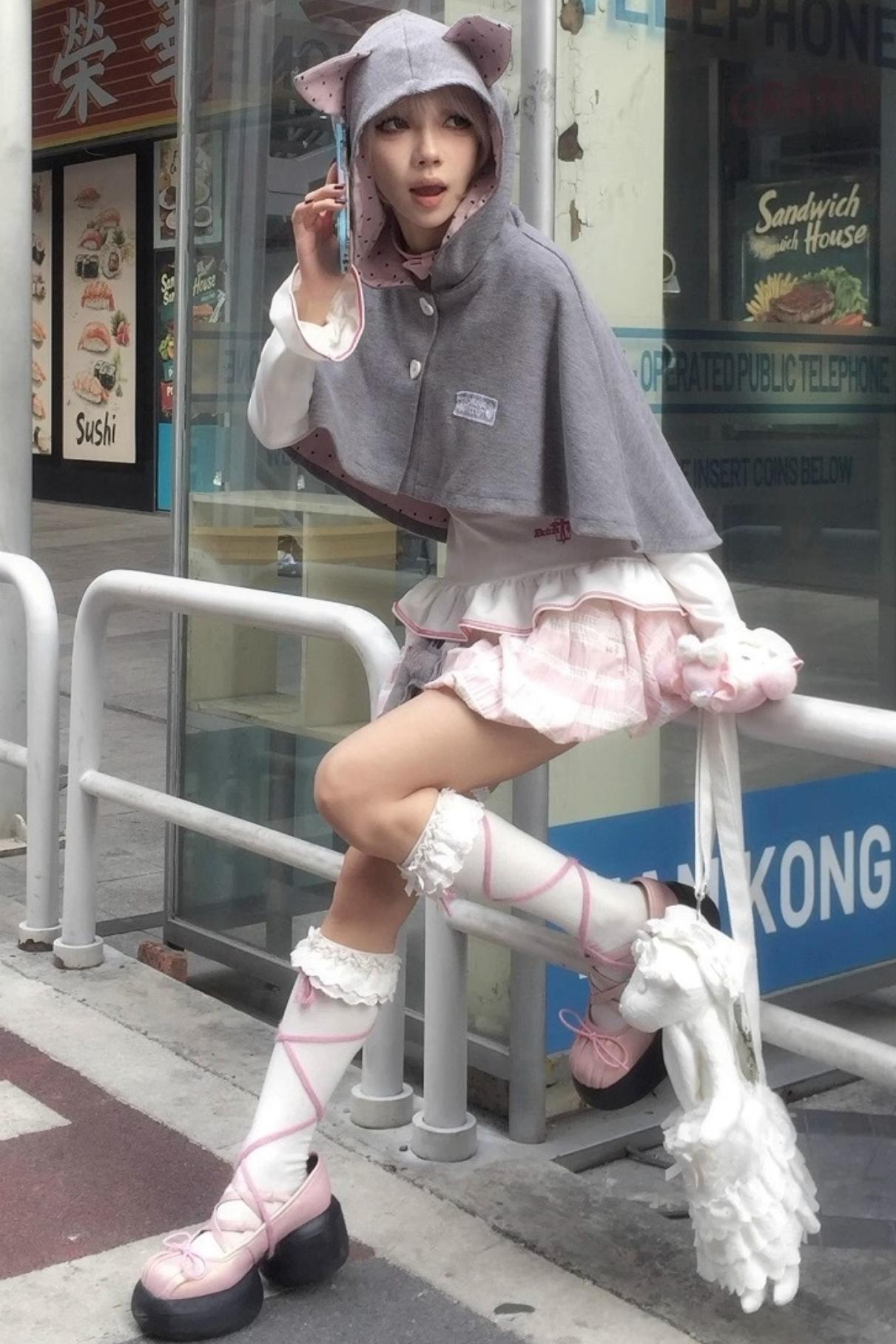 Cute Gray-Pink Cat Ears Hooded Coat