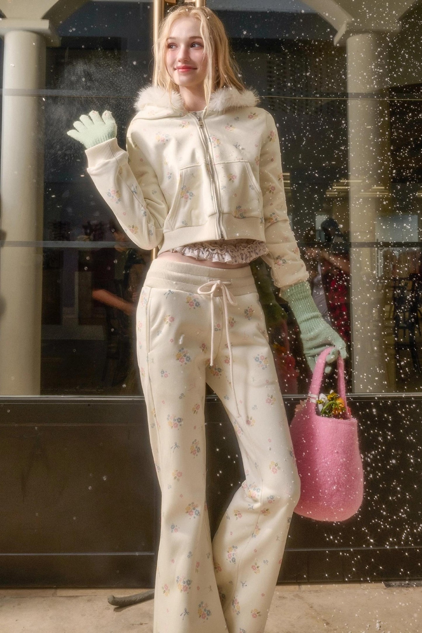 Floral Milky Way Fur Collar Jacket Set-Up