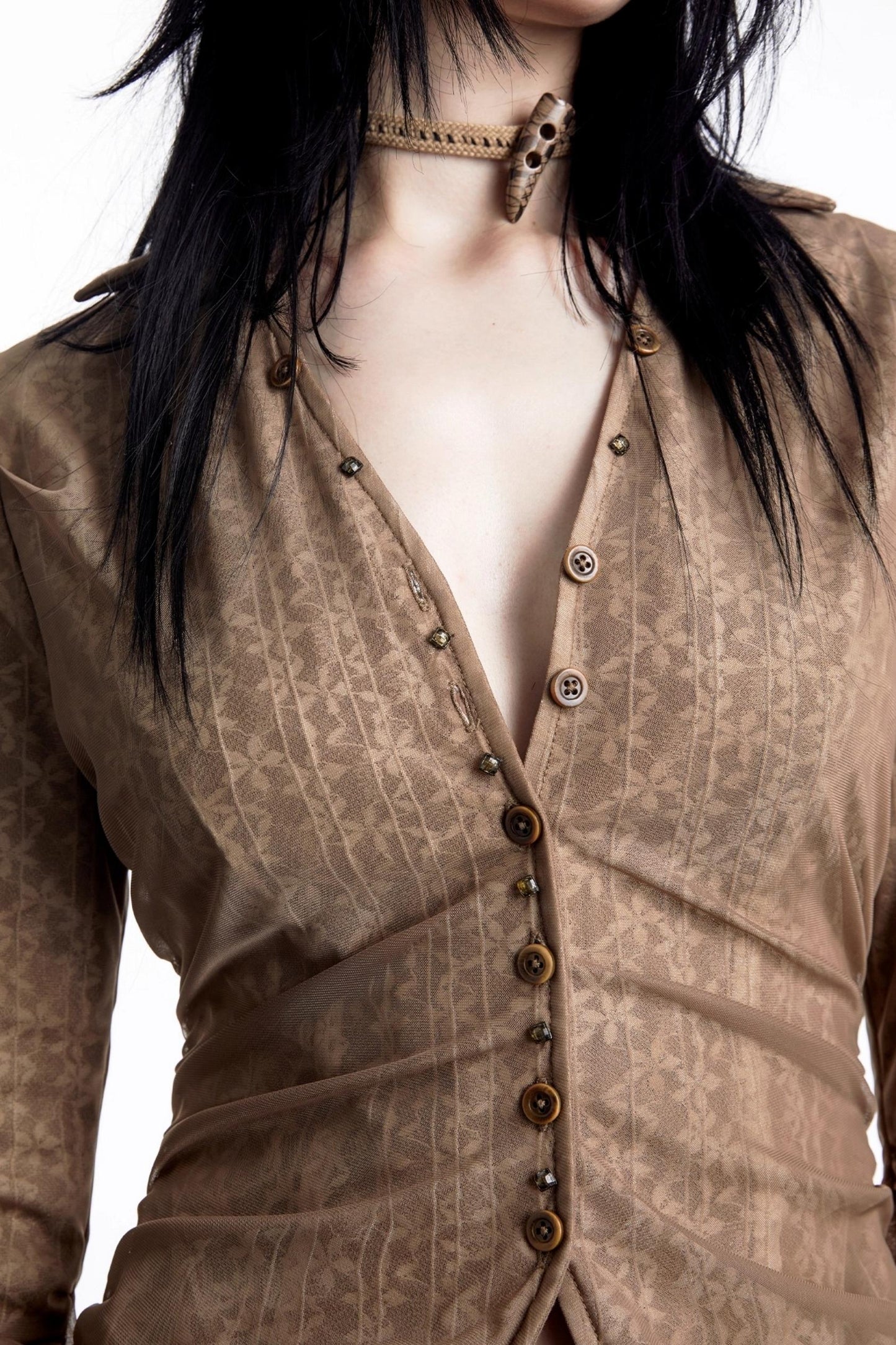 Lux Lace Stitching Big V-Neck Shirt