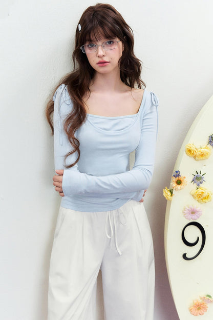 Korean Slim Tie Shoulder Top