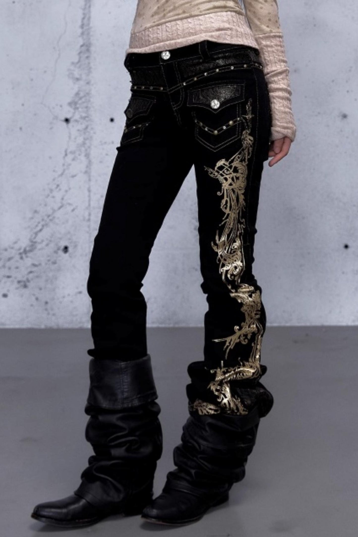 Retro Gold Foil Denim Pants