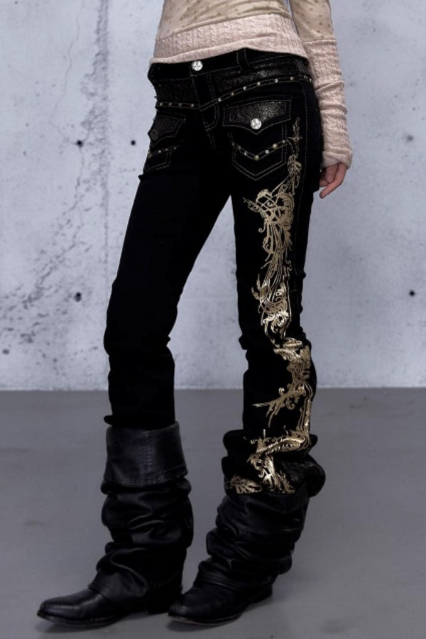 Retro Gold Foil Denim Pants