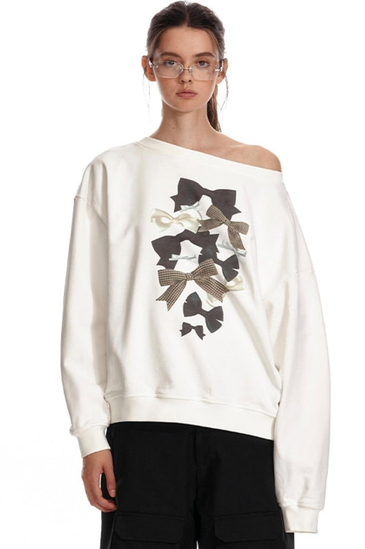 Bow Print One-Shoulder Sweatshirt