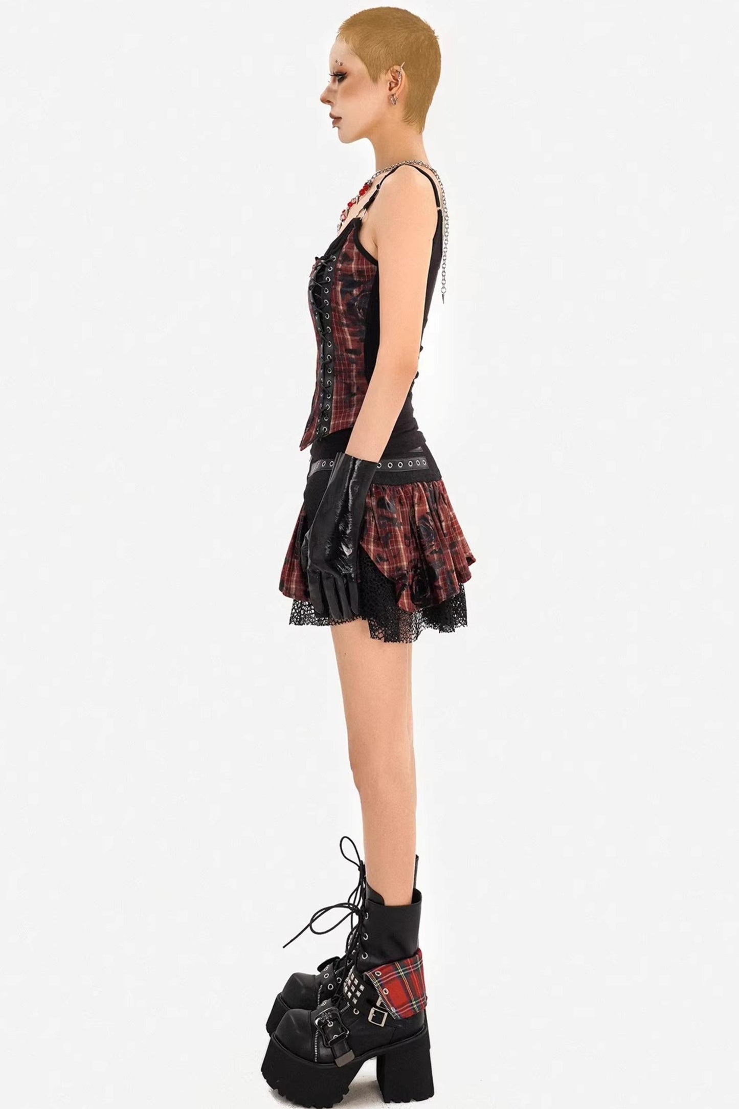 Dark Red Plaid Camisole Skirt Set-Up