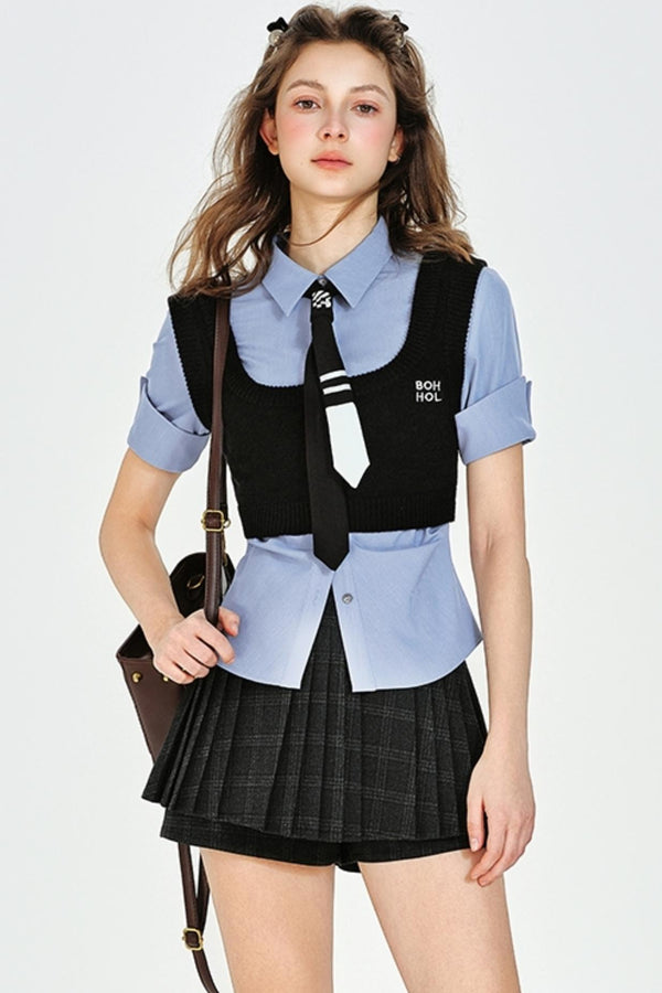 Chic Plaid Vest & Skirt Set-Up