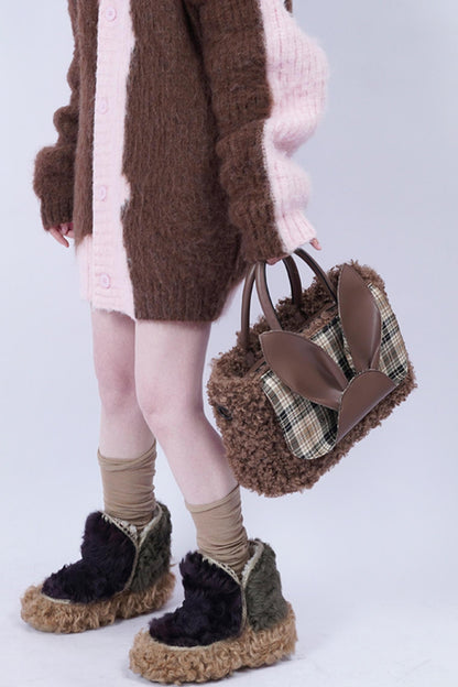 Plaid Rabbit Fur Tote Bag