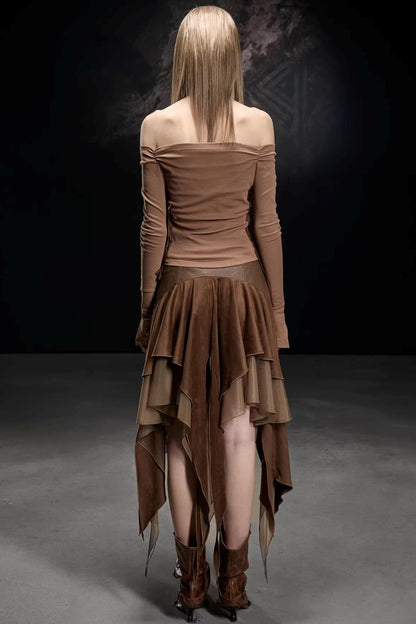 Imitation Suede Chiffon Off-Shoulder Top