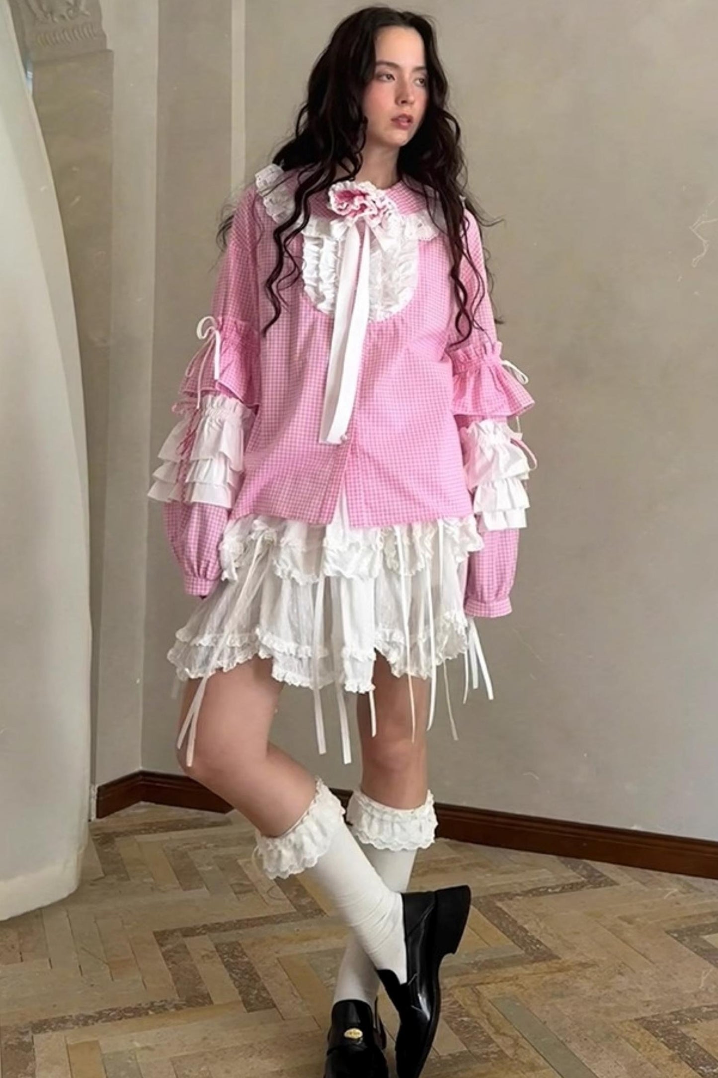 Pink-White Plaid Lace Shirt