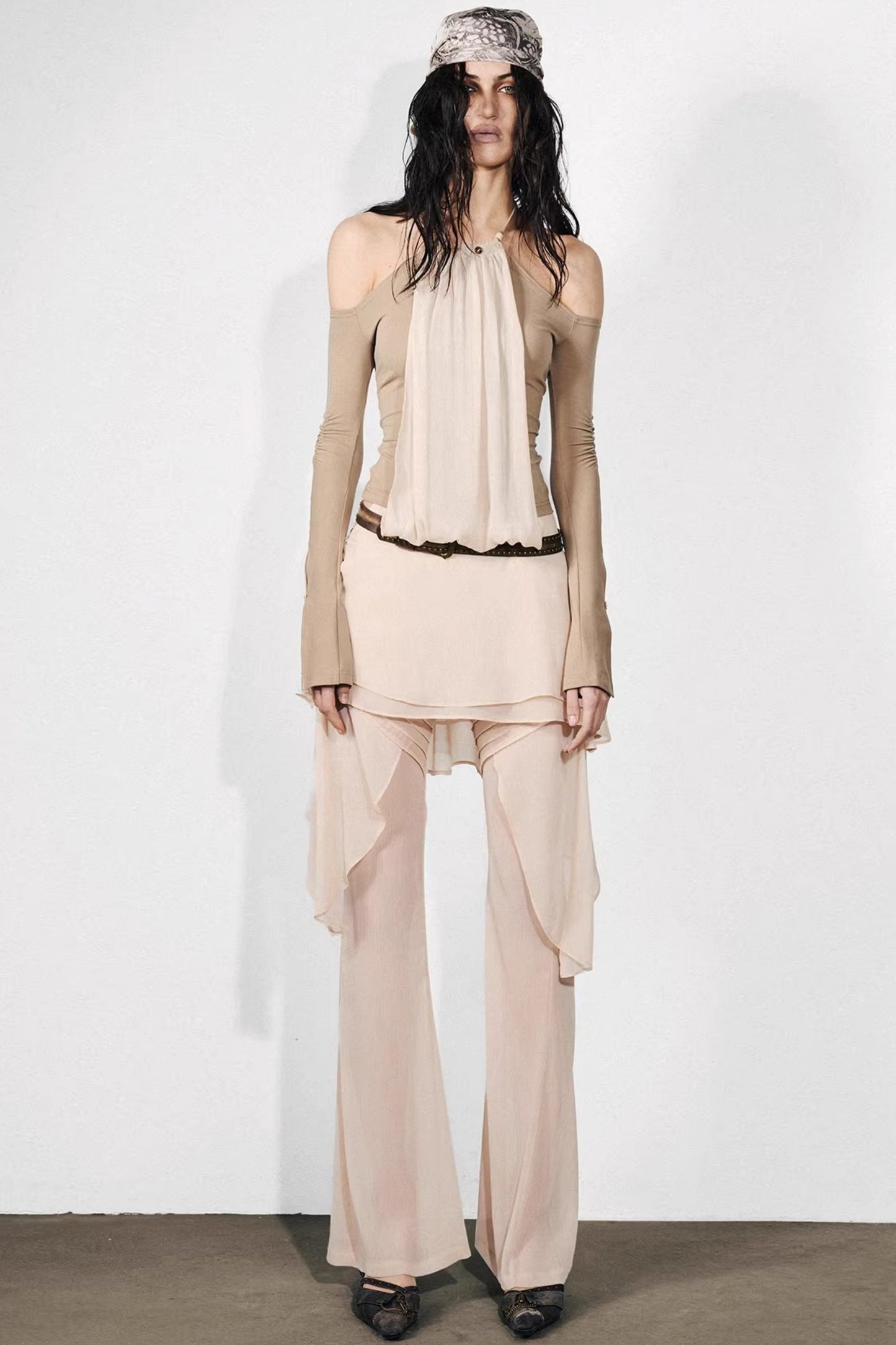 Chiffon-Patchwork-Oberteil mit schulterfreiem Design