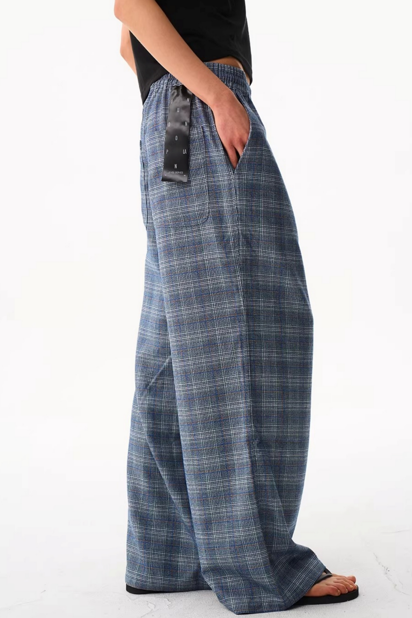 Blue Plaid Wide-Leg Pants