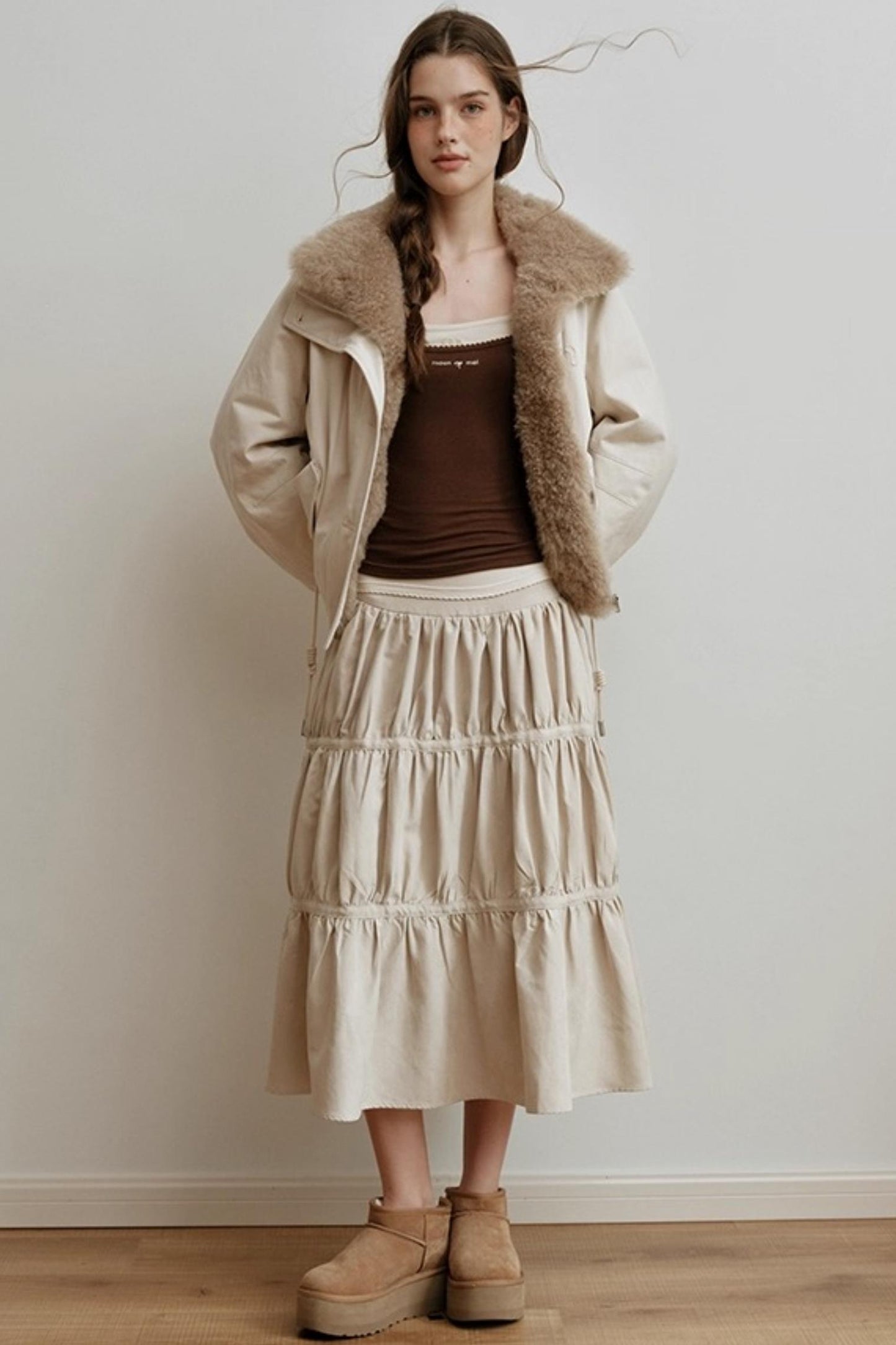 American Retro Suede Spliced Belt Umbrella Skirt