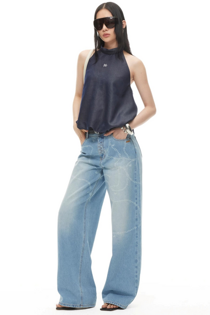 Wide-Leg Diamond Chain Jeans