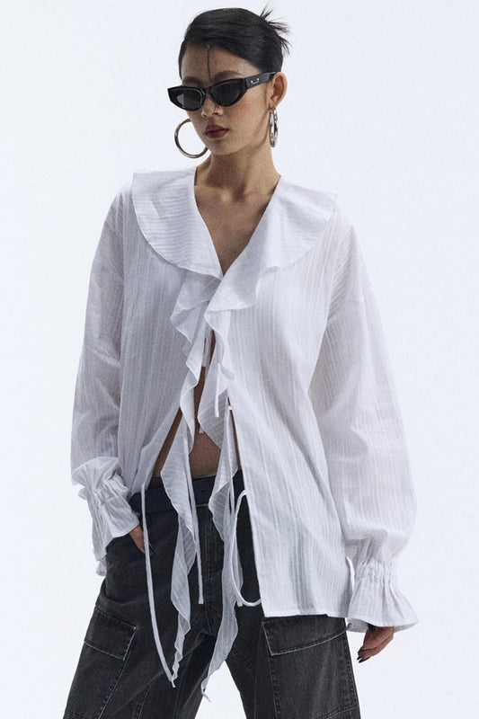 Winter White Ruffled V-Neck Shirt