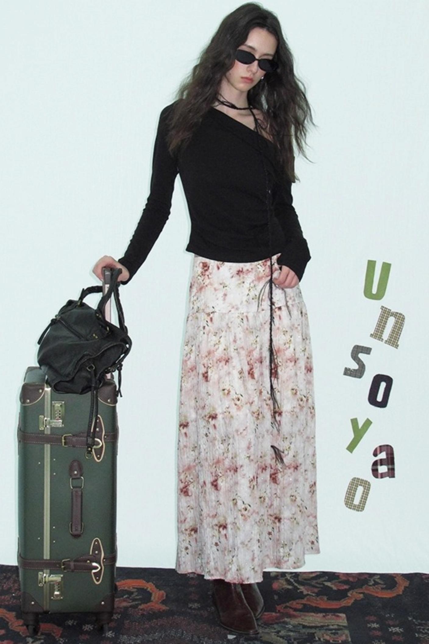 Slanted Shoulder Knit Top Skirt Set-Up