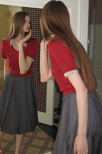 Embroidered Striped Collar Fake Two Piece T-Shirt