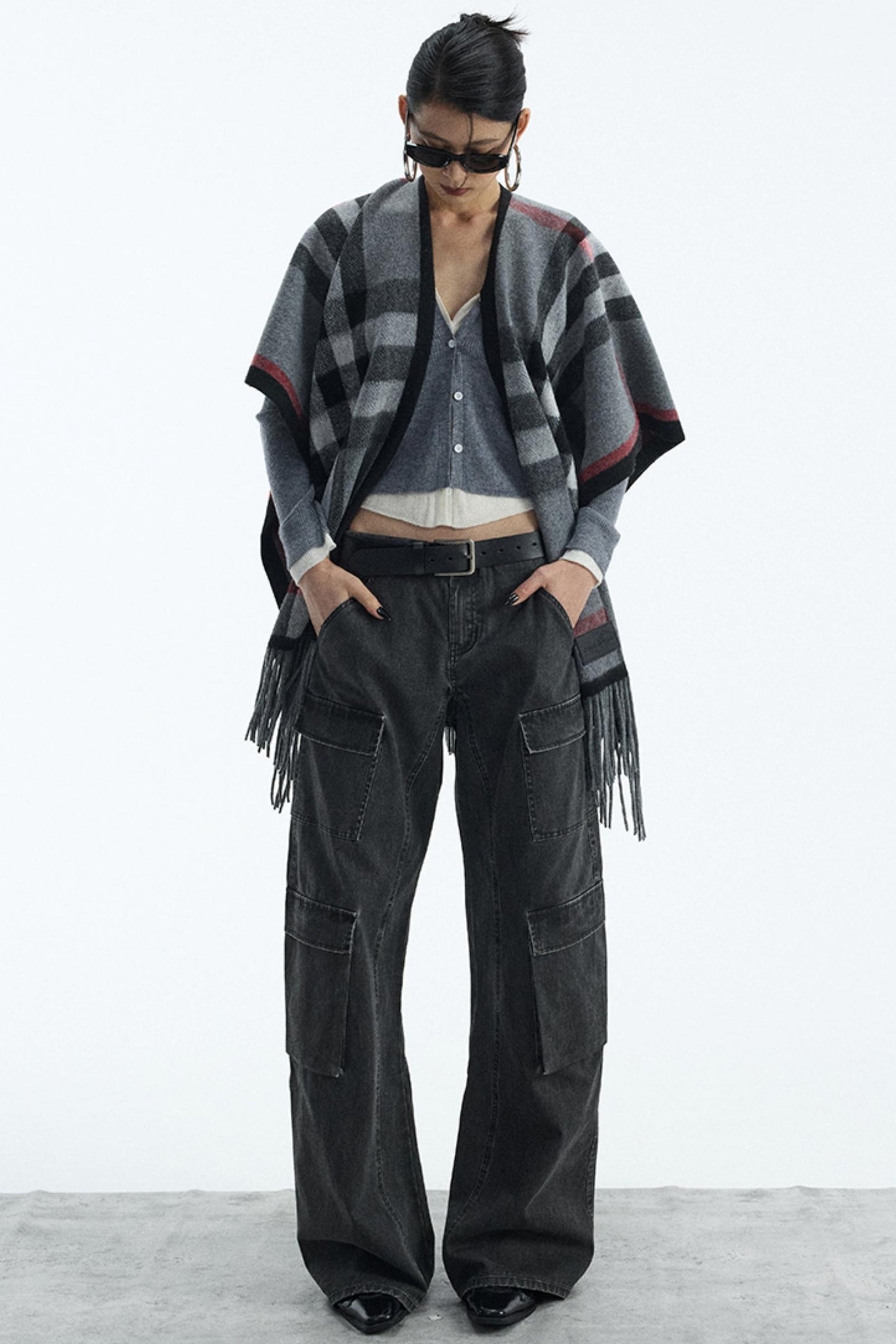 Wool Blend Plaid Cape Cardigan