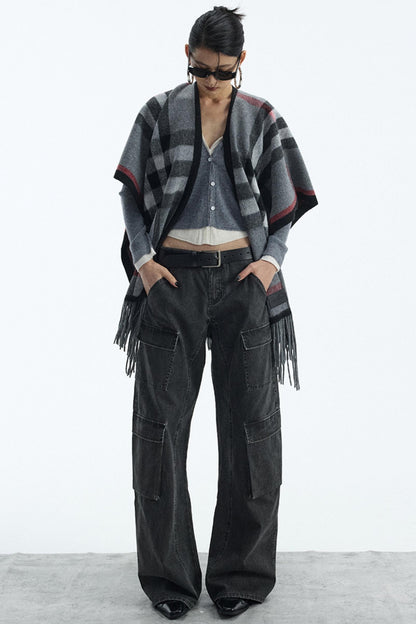 Wool Blend Plaid Cape Cardigan