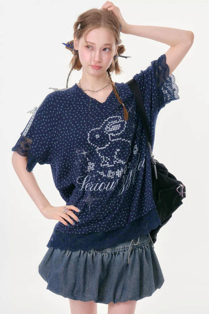 Dark Blue Floral Lace V-Neck T-Shirt