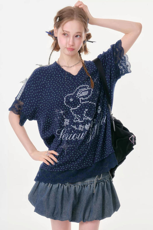 Dark Blue Floral Lace V-Neck T-Shirt