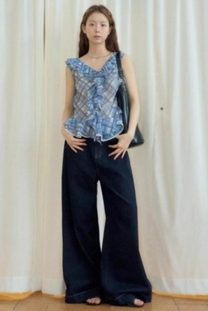 Plaid Ruffle V-Neck Top