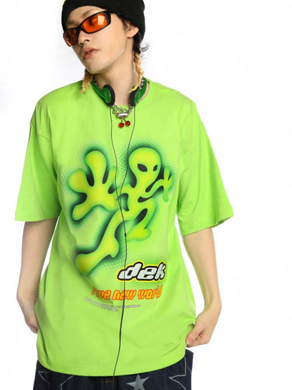 Alien Print Round Neck Loose T-Shirt