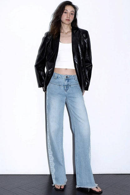 Lace Raw Hem Straight Jeans