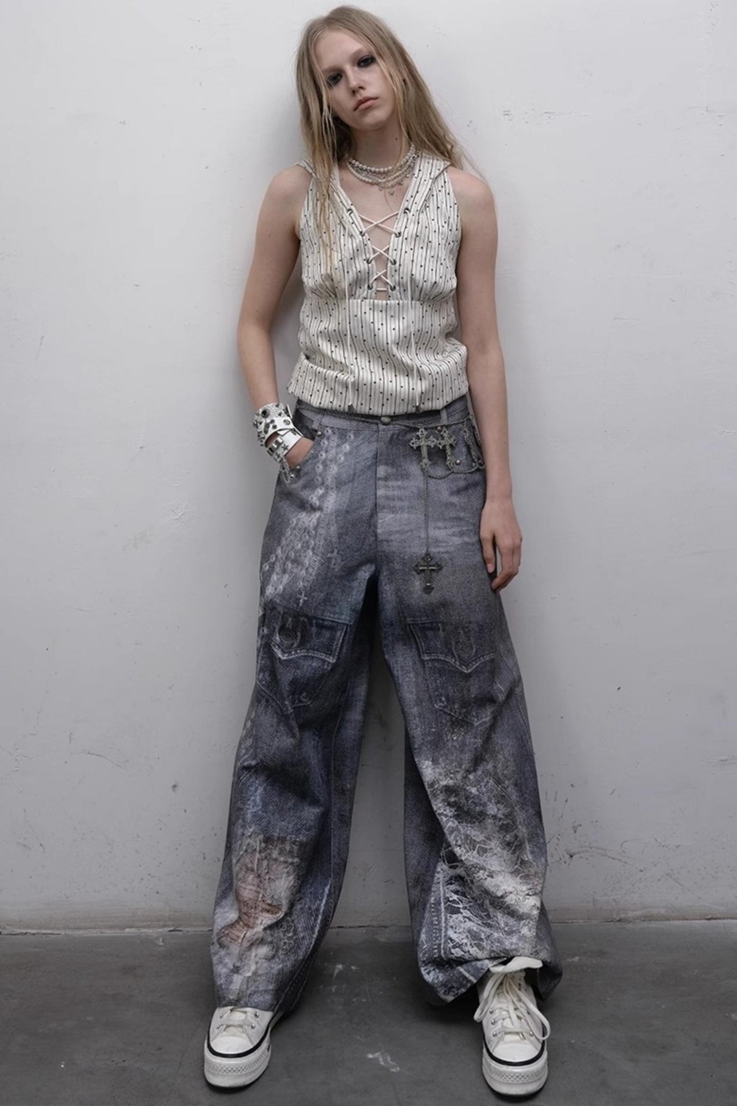 Printed Blue Wide-Leg Denim Pants