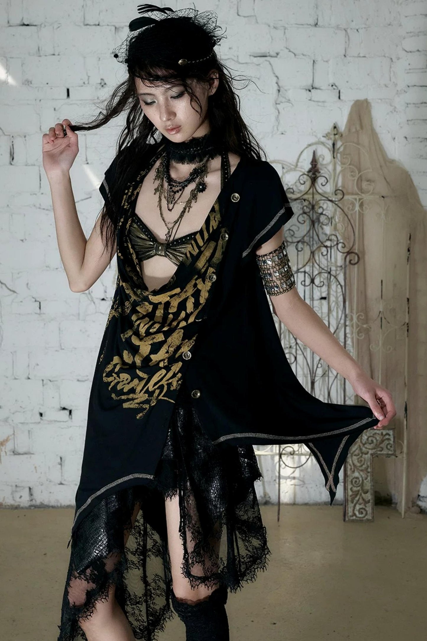 Punk Asymmetrical Neckline T-Shirt Set-Up