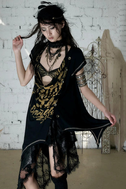 Punk Asymmetrical Neckline T-Shirt Set-Up