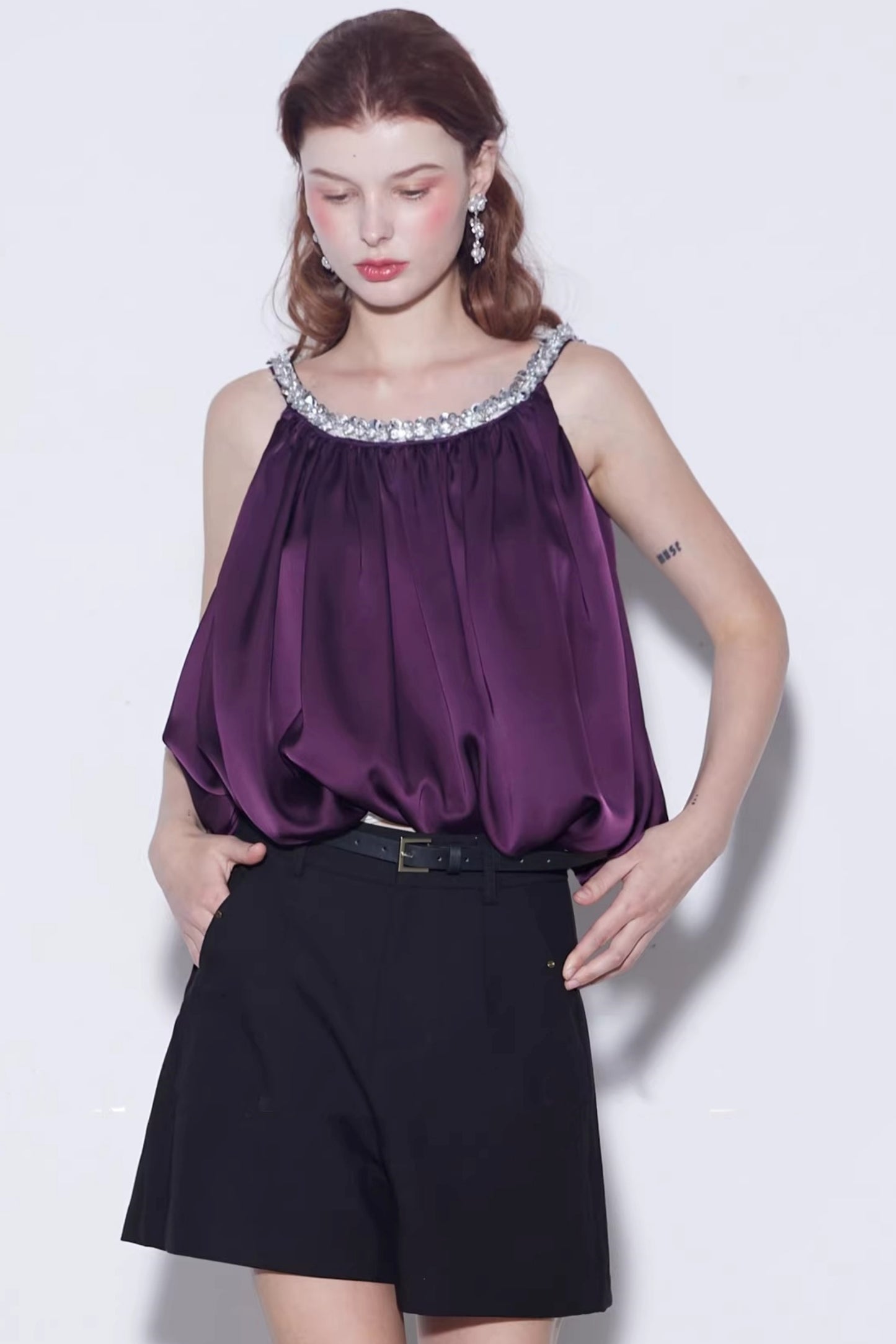 Satin Beaded Backless Top