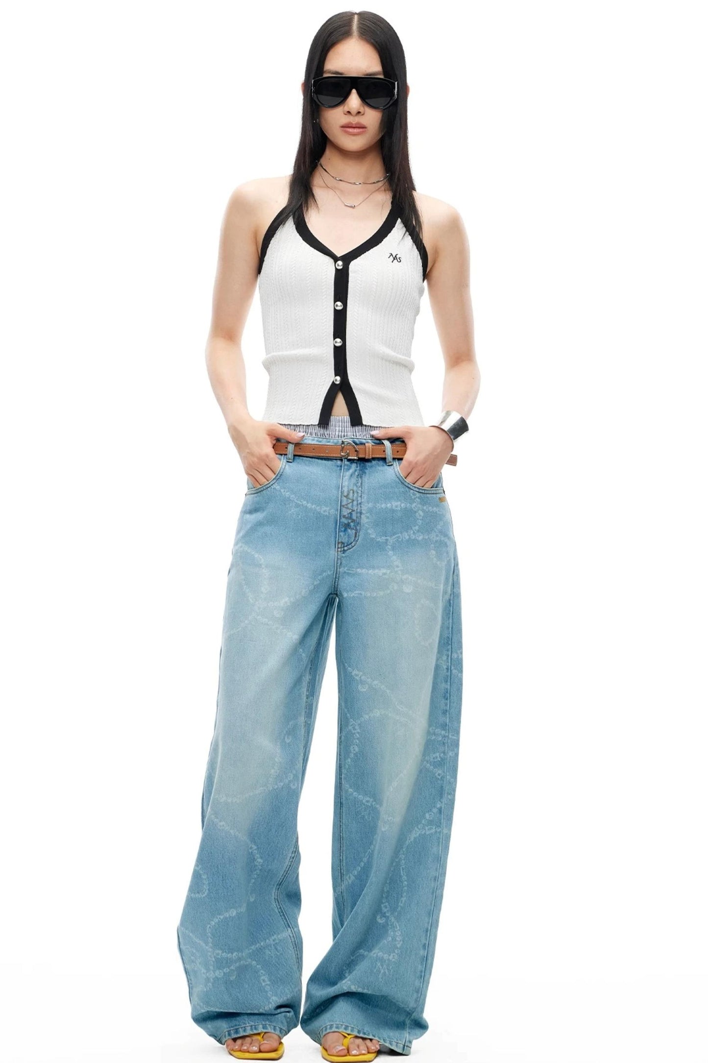 Washed Laser Print Denim Pants