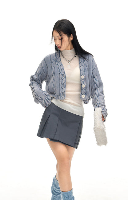 Damaged design washed collar short cardigan