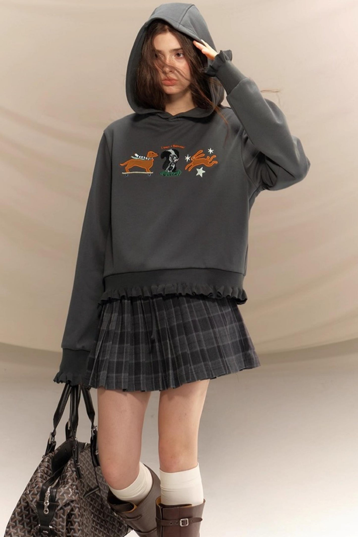 Gray Plaid Pleated Skirt