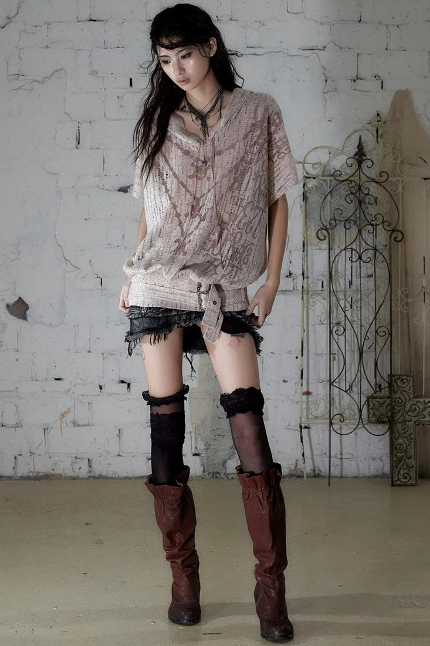 Punk Ripped Knit Hooded Blouse
