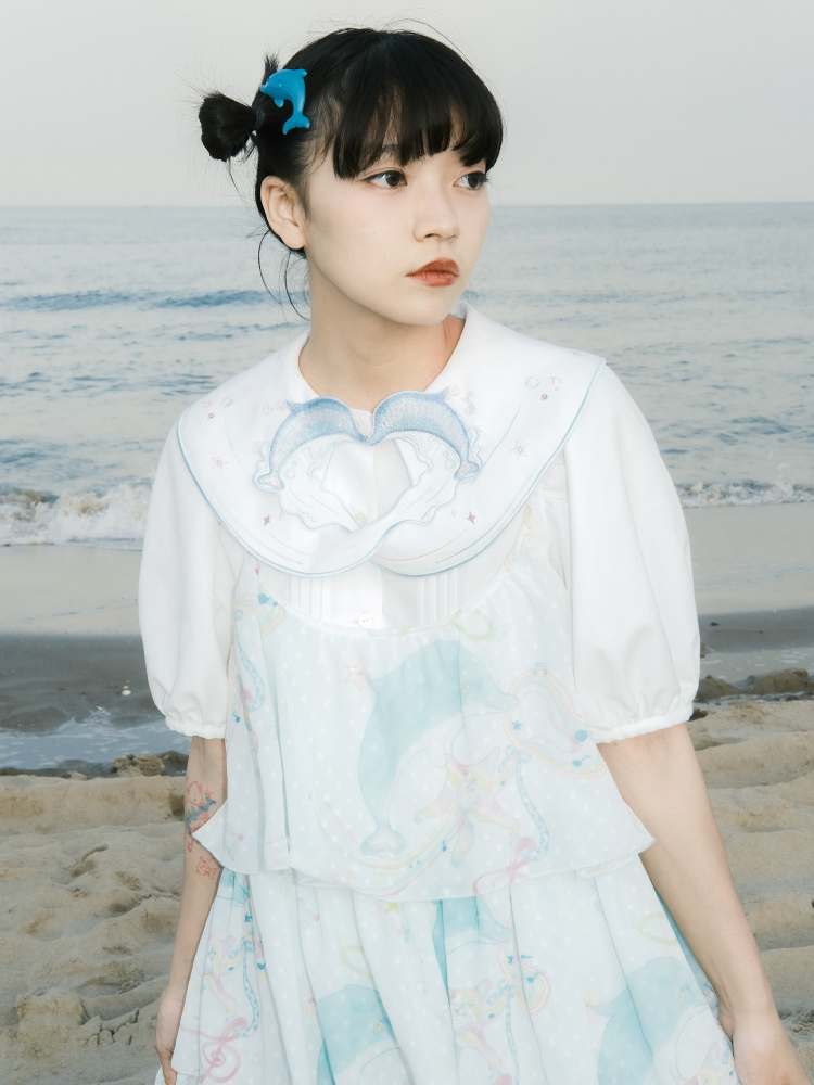 Dolphin Embroidery Collar Short Sleeve Shirt