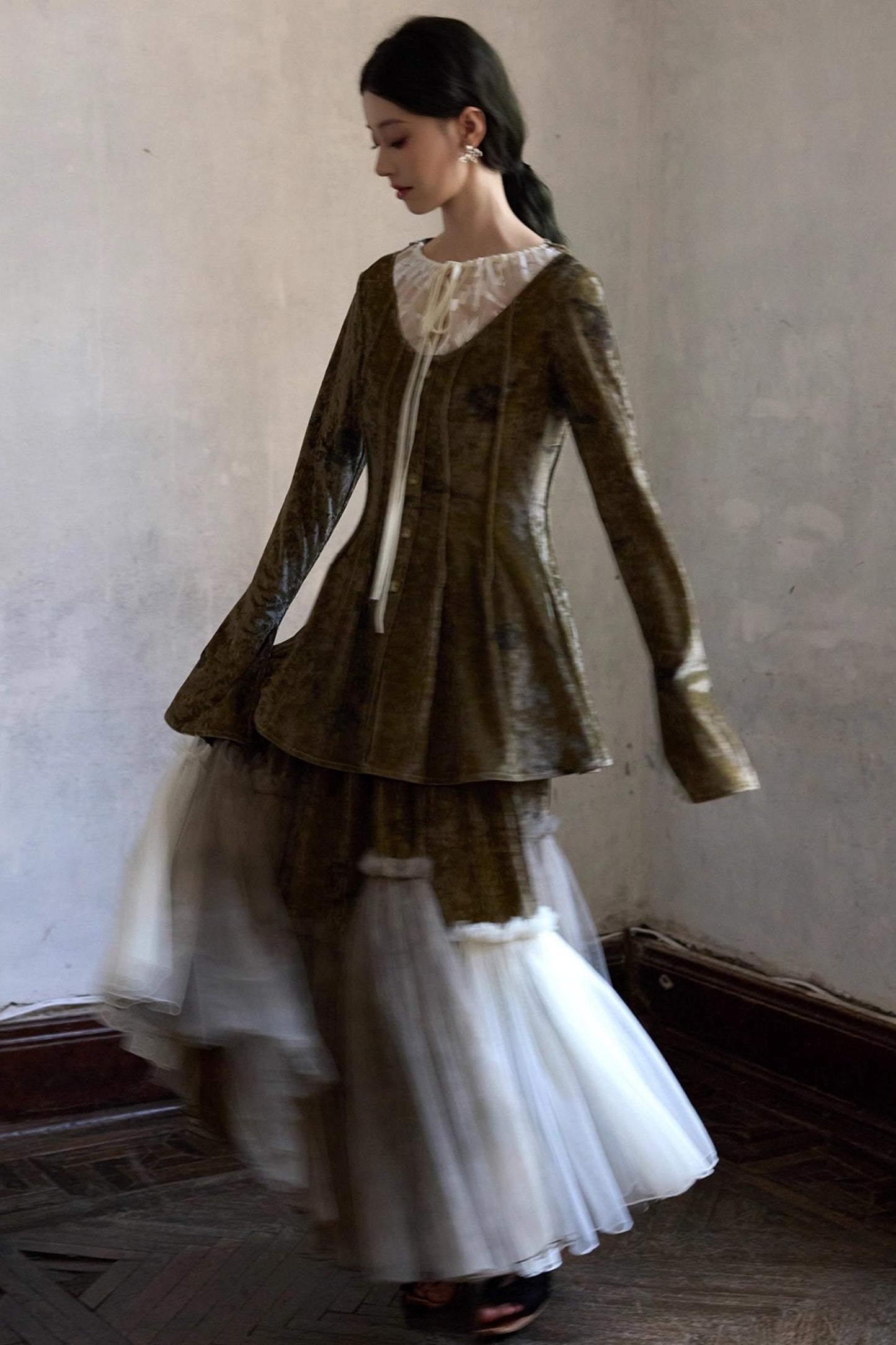 French Velvet Long Sleeve Lace-up Top