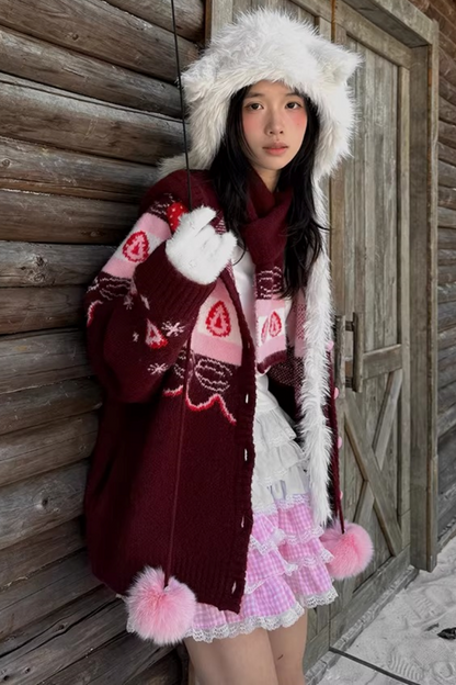 Fair Isle Strickjacke mit Erdbeermuster