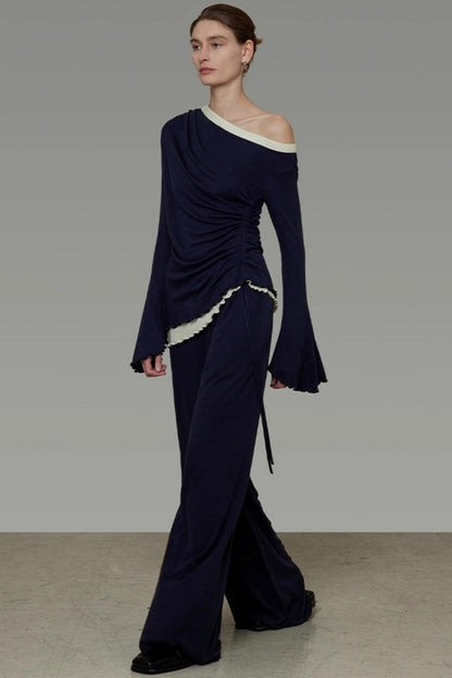 Autumn Shoulder Knit Slacks Skirt Set-Up