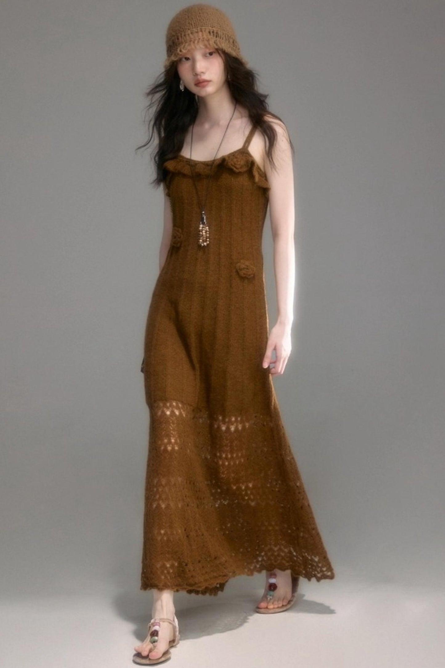 Crochet Knit Camisole Dress Cardigan Set-Up