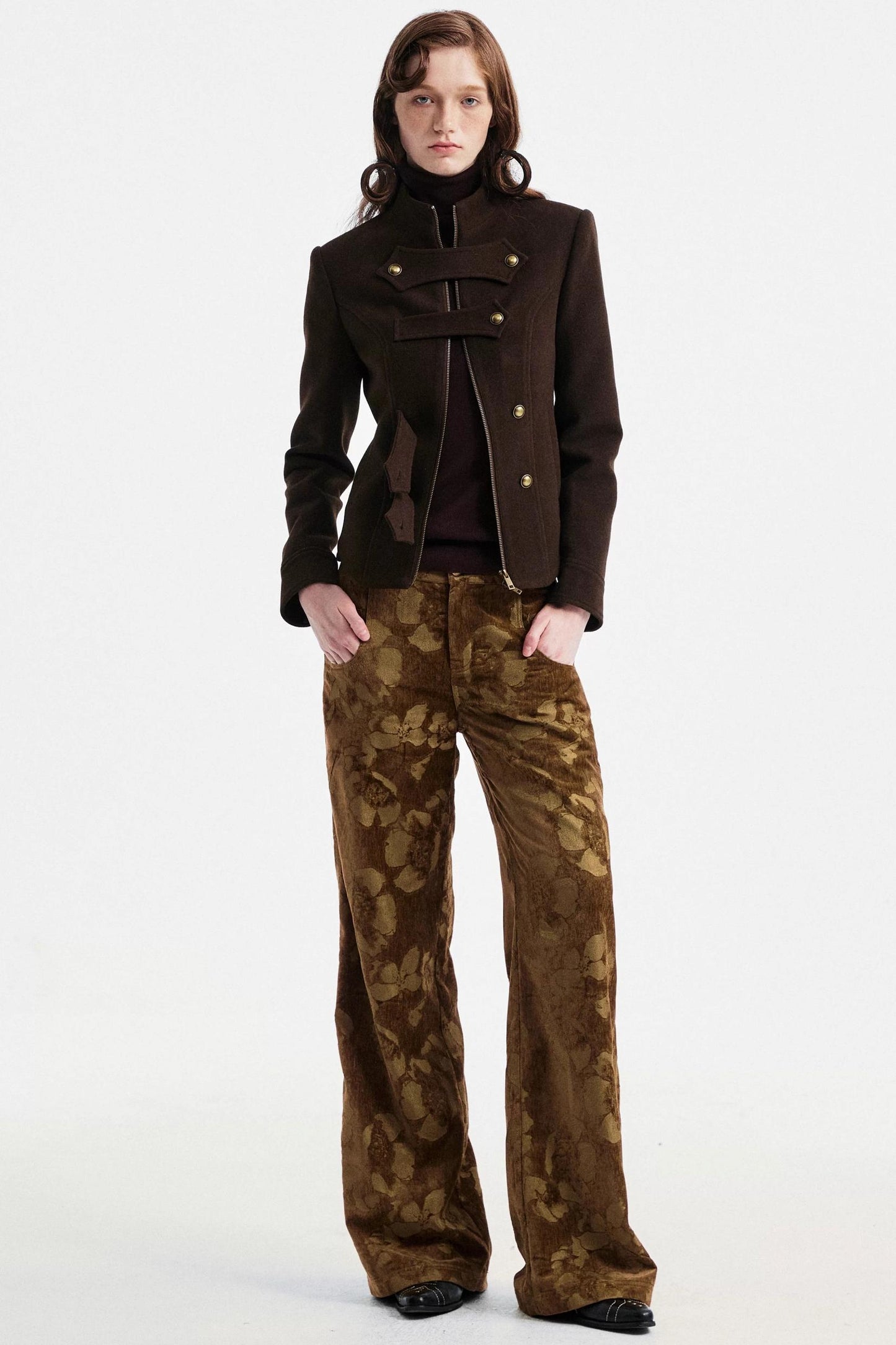 Brown Floral Jacquard Pants