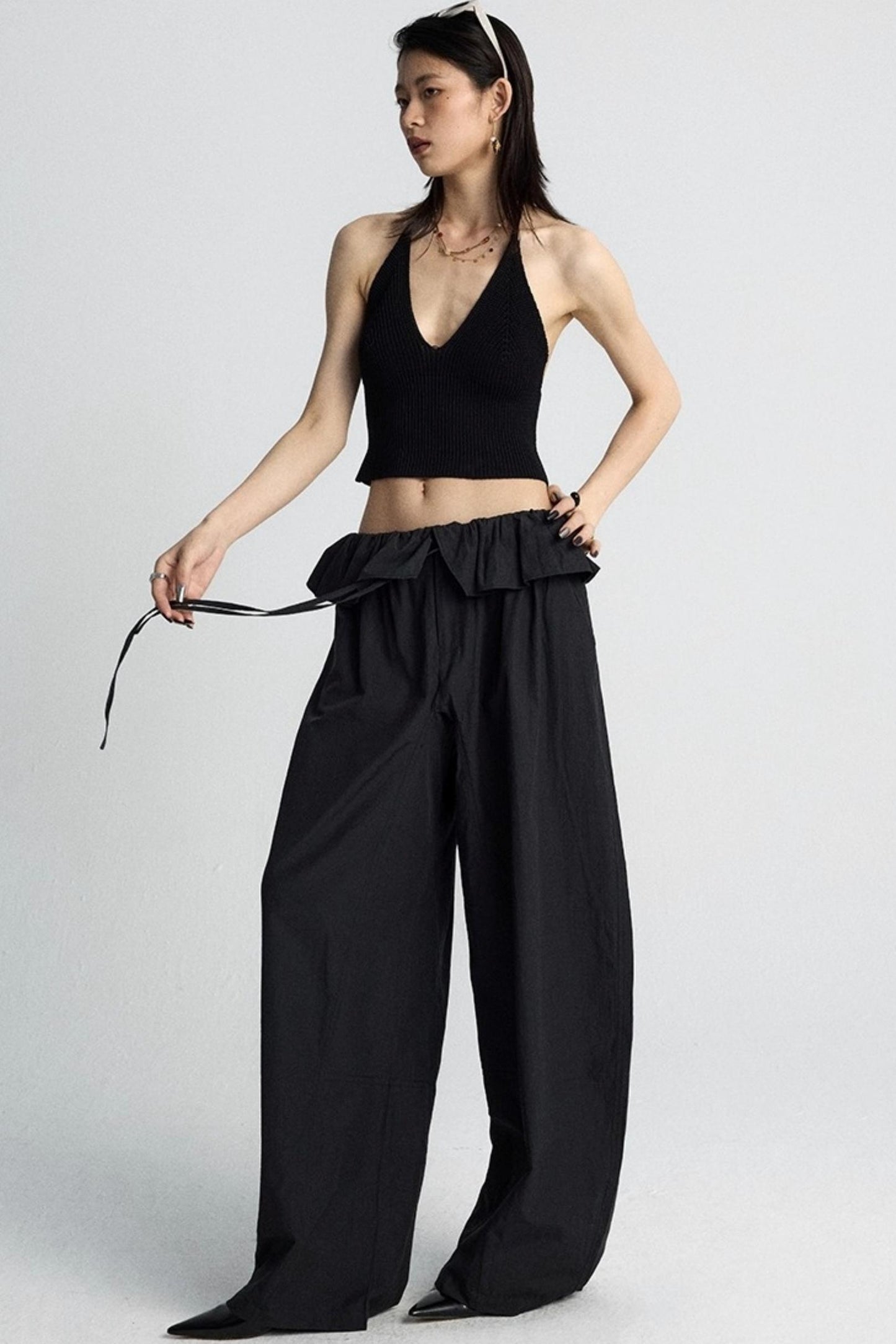 White Lace Drawstring Wide-Leg Pants