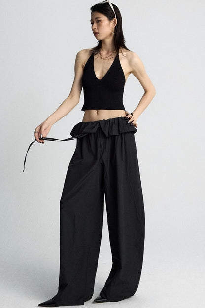 White Lace Drawstring Wide-Leg Pants